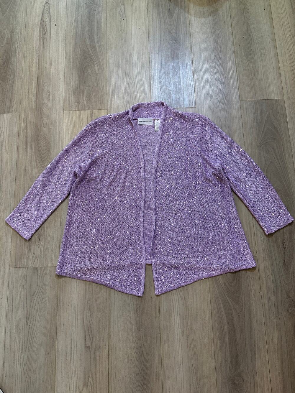 Alfred Dunner Sequin Open Front Cardigan Womens S Purple Lavender Shimmer Knit